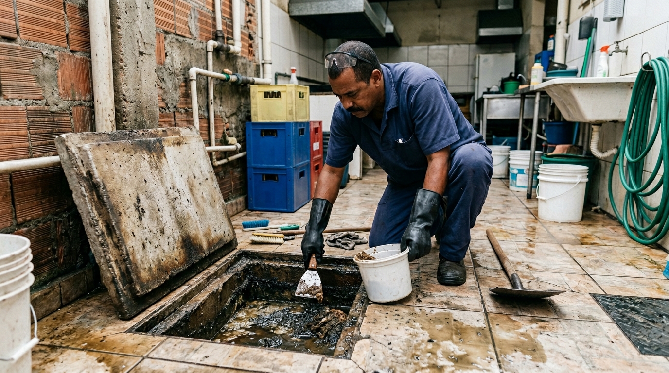 Limpeza de caixa de gordura residencial em Mogi das Cruzes‑SP
