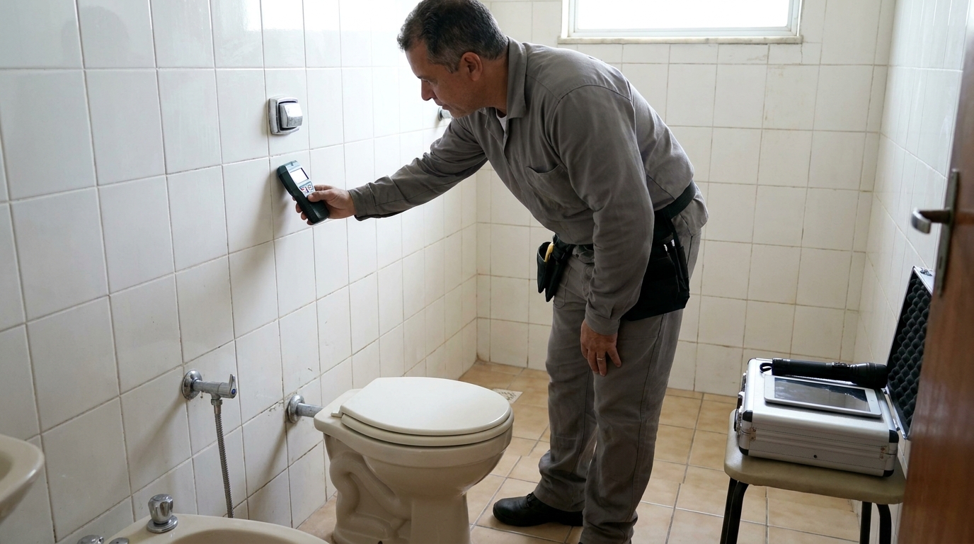 Técnico de caça vazamento analisando tubulação em Mogi das Cruzes‑SP